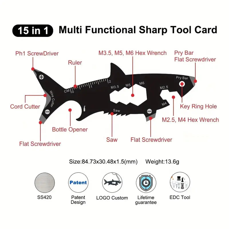 15-in-1 Shark Shaped Multifunctional Tool, Bottle Opener, Saw, Cutter, Wrench, Measuring Ruler, Screwdriver